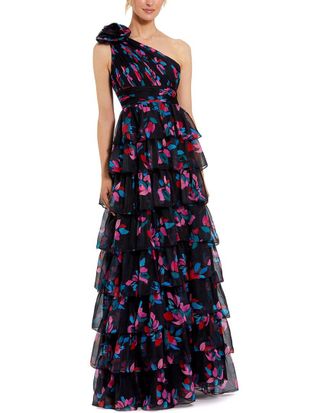 Mac Duggal One Shoulder Printed Chiffon Tiered Ruffle Gown