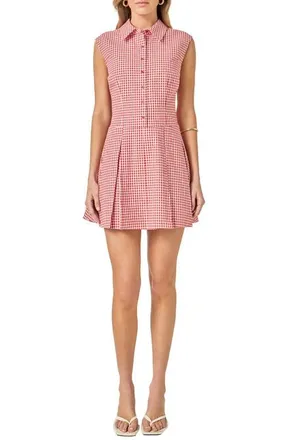English Factory Check Pleated Sleeveless Mini Shirtdress in Red Plaid at Nordstrom, Size X-Small