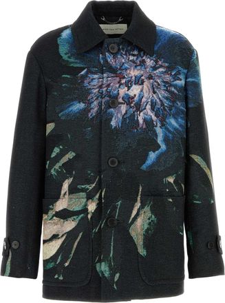 Dries Van Noten Mens Embroidered Jacquard Rivne Coat - Black - Size Medium