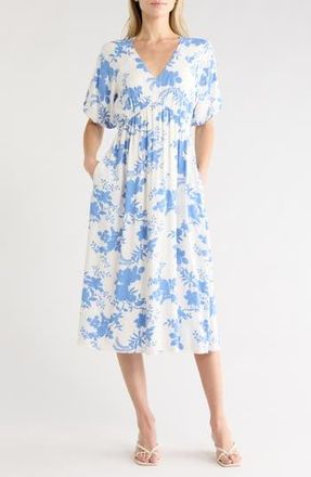 West K Empire Waist Midi Dress in White Blue Floral at Nordstrom Rack, Size X-Small