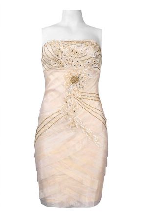 Sue Wong Strapless Ribbon Applique Beaded Dress In Champagne