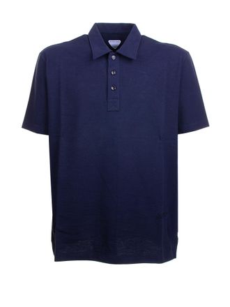 Bottega Veneta Mens Polo In Cotton Pique With Crepe De Chine Effect - Dark Blue Metal - Size Medium