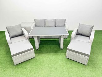 Fimous Outdoor Rattan Garden Furniture Dining Set 7-seater with Side Table in Light Grey