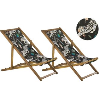 Beliani Set of 2 Folding Deck Chairs ANZIO with Replacement Fabrics Animal Motif Acacia Wood Light Brown