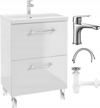 OEM Conjunto De Mueble De Ba&ntilde;o Con Lavabo, Grifo Y Sif&oacute;n De 50x80 Cm, De Pie, Blanco Brillante Cassandra