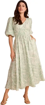 Roaman's Plus Size V Neck Puff Sleeve Smocked Waist Maxi Dress in Ivory Sage at Nordstrom, Size 18