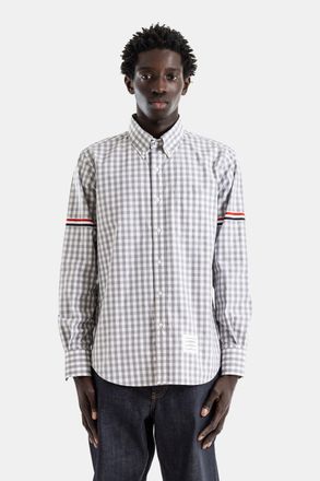 Thom Browne Mens Shirt Poplin Gingham Grey White Tricolor Grosgrain Armband Sleeve Gray