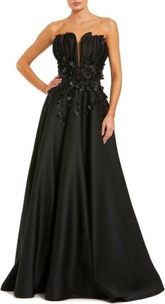 Mac Duggal Petite Strapless Satin Floral Beaded Embellished Ballgown in Black at Nordstrom, Size 10