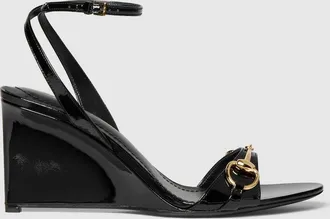 Gucci Womens Donna Wedge Sandal, Black, Leather