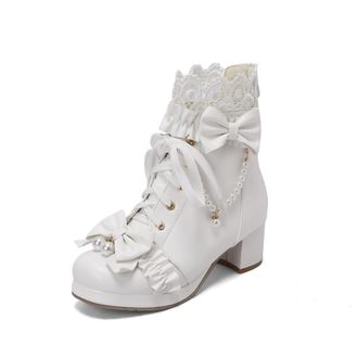 Generic Womens Round Toe PU Leather Ankle Boots Bow Pearl Chain Lace Up Ruffled Lace Trim Block Heels Soft Lining Cushioned Insole Durable Outsole,White,7.5 U