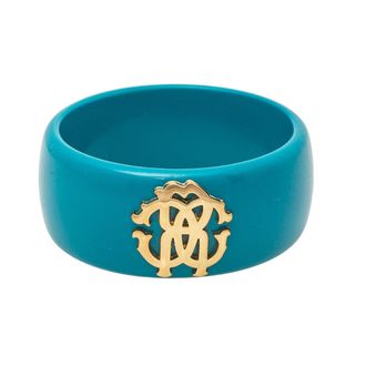 Roberto Cavalli Teal Blue Logo Wide Bangle Bracelet