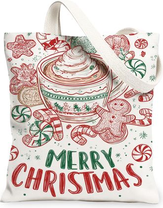 Generic Christmas Canvas Tote Bags, Festive Treats Design Reusable Grocery Bags, Winter Cozy Vintage Lightweight Washable Shoulder, White, 13x15 Inch