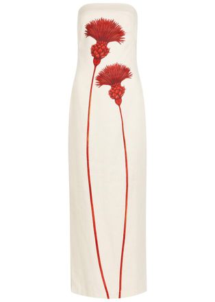 Andres Otalora Costera Floral-print Strapless Linen Midi Dress - White And Red - 0 (UK4 / Xxs)