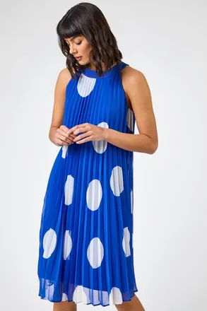 Roman Polka Dot High Neck Pleated Chiffon Swing Dress