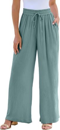 Roaman's Plus Size Hand Crinkled Wide-Leg Pant in Cool Sage at Nordstrom, Size 14