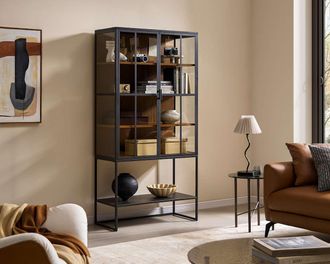 Castlery Panes Clear Glass Tall Cabinet, Gunmetal Frame, Tempered Glass for Living Room