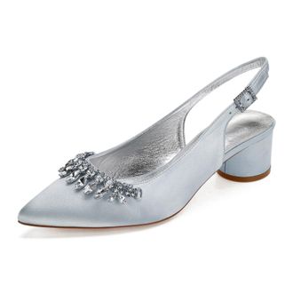 Generic Wedding Shoes Women Ankle Strap Pointed Toe Slingback Chunky Low Heels Dress Pumps Bridal Shoes 4.5Cm,Silver,5 UK