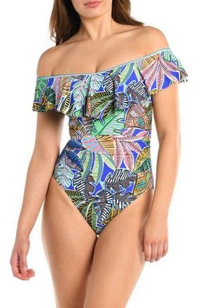 La Blanca Neon Ruffle One-Piece Swimsuit in Green Blue Multi at Nordstrom Rack, Size 4