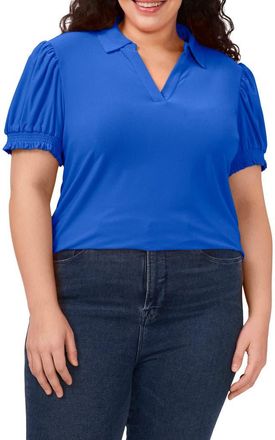 CeCe by Cynthia Steffe Puff Sleeve Spread Collar Crepe Knit Top in Dp Royal Blue at Nordstrom, Size 2X