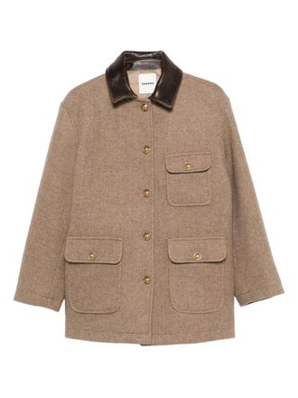 Sandro contrast-collar flap-pockets single-breasted coat - women - Lambskin/Other fibres/Wool/Polyamide - 1 - Brown