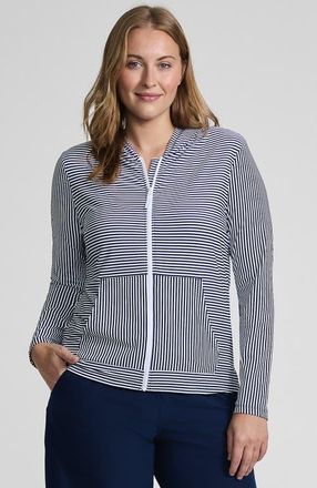 Lands End SunShade UPF 50 Hooded Zip Front Rash Guard in Deep Sea Navy Mini Stripe at Nordstrom, Size 1X