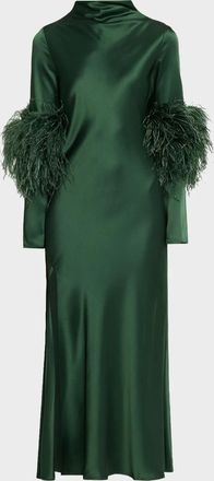 Sally Lapointe Satin Draped Neck Feather-Trim Midi Dress