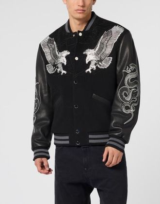 Philipp Plein Composed Varsity Bomber Tattoo Strass Men in Black at Nordstrom, Size Xxx-Large