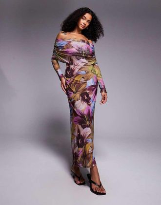 Asos Vestito midi a maniche lunghe con scollo alla Bardot e stampa a fiori scuri-Multicolore