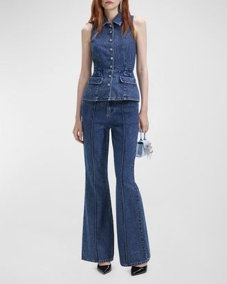 Self Portrait Sleeveless Flared Denim Jumpsuit