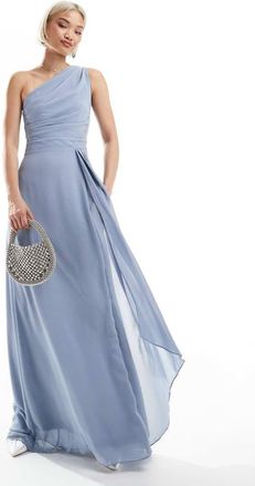 Tfnc Vestito lungo da damigella in chiffon color blu polvere con gonna avvolgente