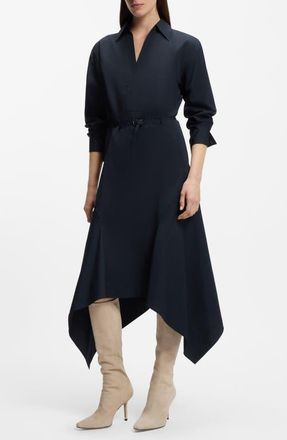 BOSS Doloh Long Sleeve Asymmetric Hem Cotton Midi Shirtdress in Sky Captain at Nordstrom, Size 14