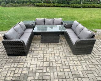 Fimous Patio Garden Dining Set Outdoor Rattan Furniture Lounge Sofa Height Adjustable Table With 2 Side Tables in Dark Grey