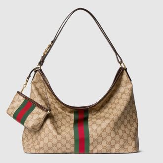 Gucci Large Shoulder Bag With Web, Beige, GG Canvas