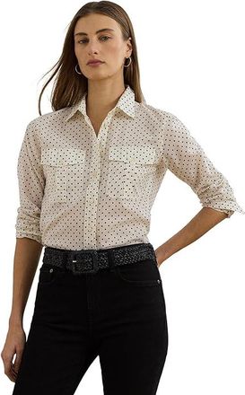 Lauren Ralph Lauren Classic Fit Polka-dot Cotton Voile Shirt Womens Clothing Cream/Black : XL