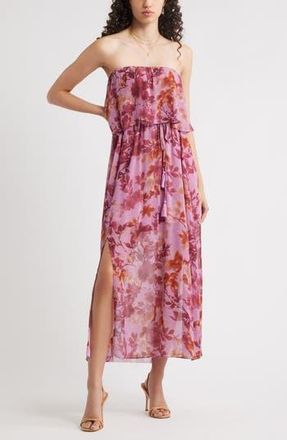 Chelsea28 Tie Waist Strapless Chiffon Maxi Dress in Purple- Burgundy Floral at Nordstrom Rack, Size X-Large