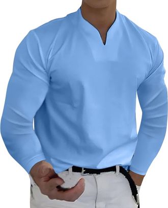 Generic Spring Mens T-Shirts Long Sleeve V Neck Plain Loose Fit Casual Shirts Full Sleeves Solid Pullover Tops Blouses (Blue, XXXXXL)