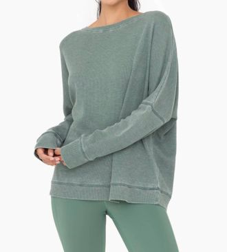Mono B Waffle Ribbed Round Neck Pullover In Dark Basil