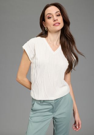 Bruno Banani V-Shirt BRUNO BANANI, Damen, Gr. 32/34, wei&szlig;, Jersey, Obermaterial: 65% Polyester, 35% Viskose, Strukturmuster, Basic h&uuml;ftlang, V-Ausschnitt, angeschn