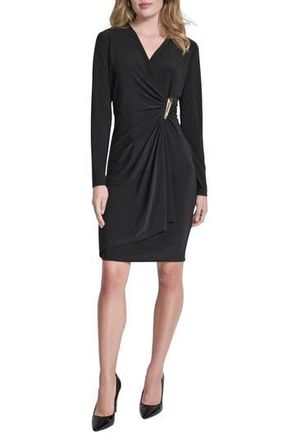 DKNY Long Sleeve Faux Wrap Dress in Black at Nordstrom Rack, Size 14
