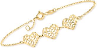 Ross-Simons Italian 14kt Yellow Gold Geometric-Pattern Heart Station Bracelet