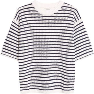 Bottega Veneta Stripe Cotton Pointelle Sweater in 9123 Chalk/Midnight at Nordstrom, Size Medium