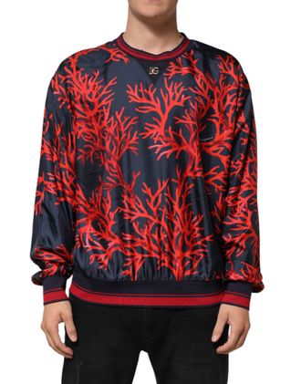 Dolce & Gabbana Silk Navy Red Coral Print Pullover Mens Sweater