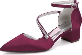 Generic Bridal Shoes Womens Rhinestone Wedding Prom Pumps Satin Pointed Toe Ankle Strap Bridesmaid Chunky Heels Shoes4.5Cm,Burgundy,10 UK