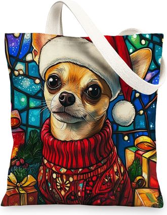 Generic Christmas Chihuahua Dog Canvas Tote Bag for Shopping 13x15, Stained Glass Winter Puppy Reusable Grocery Print Pattern Bag for Women, Fun Pet Beach Aes