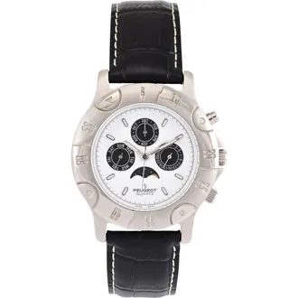 Peugeot Round Multi-Function Moon Phase Leather Watch - 40MM in White at Nordstrom