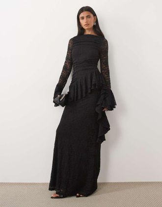 Asos vestito lungo in pizzo con arricciature e dettagli a volant nero