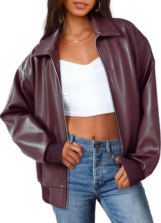 Merokeety Womens Oversized Faux Leather Jacket Fall Winter Zip Up Motorcycle Coats Fashion Outfits Clothes 2025, Burgundy, Medium