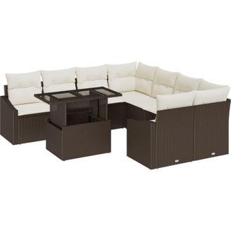 vidaXL Conjunto De Sof&aacute; De Jard&iacute;n Con Coj&iacute;n 9 Pcs Marr&oacute;n Y Crema Vidaxl