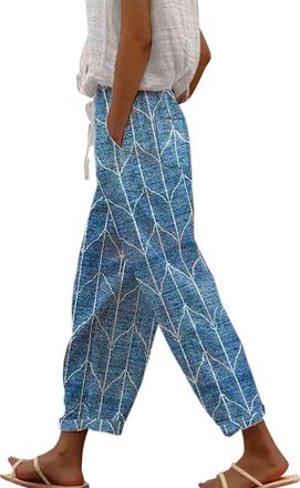 Generic Wide Leg Lounge Pants Women - Ladies Trousers Elasticated Waist Patterned Crushed Casual Relax Fit Full Length Loose Fit Baggy Light Weight Women Plus