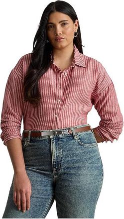 Lauren Ralph Lauren Plus Size Relaxed Fit Striped Linen Shirt Womens Clothing Light Red/White : 3X